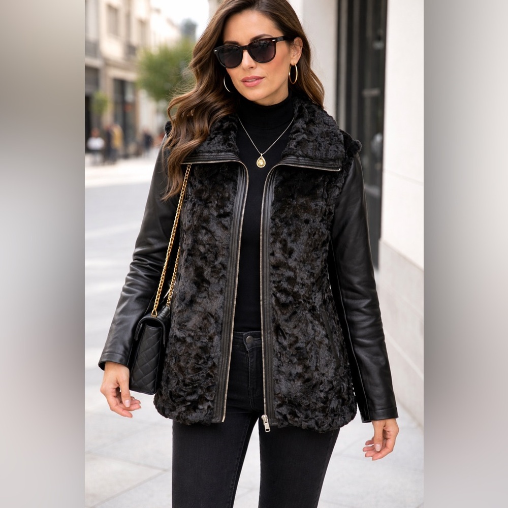 Dennis Basso Black Faux Fur Jacket Removable Faux Leather Sleeves Size Large